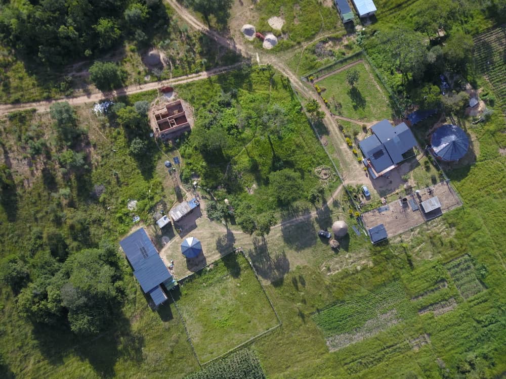 An aerial view of buildings, paths, trees and growing fields at the school